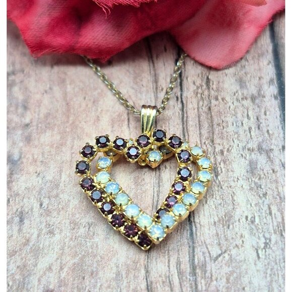 Gold Tone Double Heart Crystal Pendant Dainty Chain Necklace 18" - Picture 1 of 8